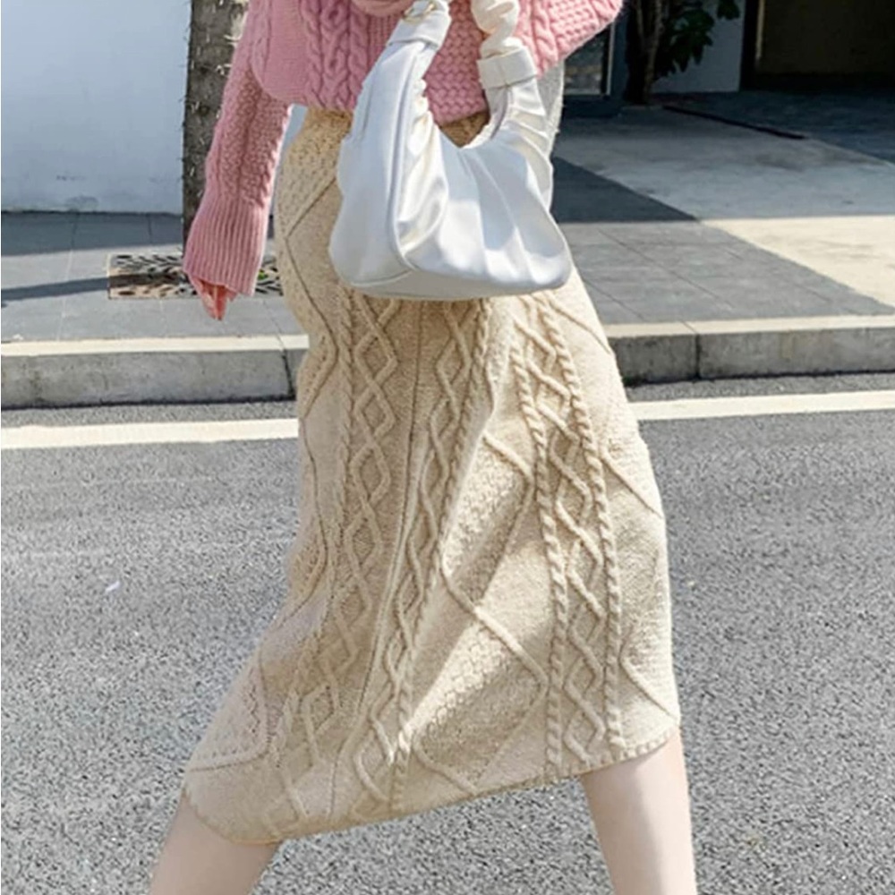 NEW Beige Cable Stretchy Knit Bodycon Midi Sweater Skirt - Picture 2 of 8